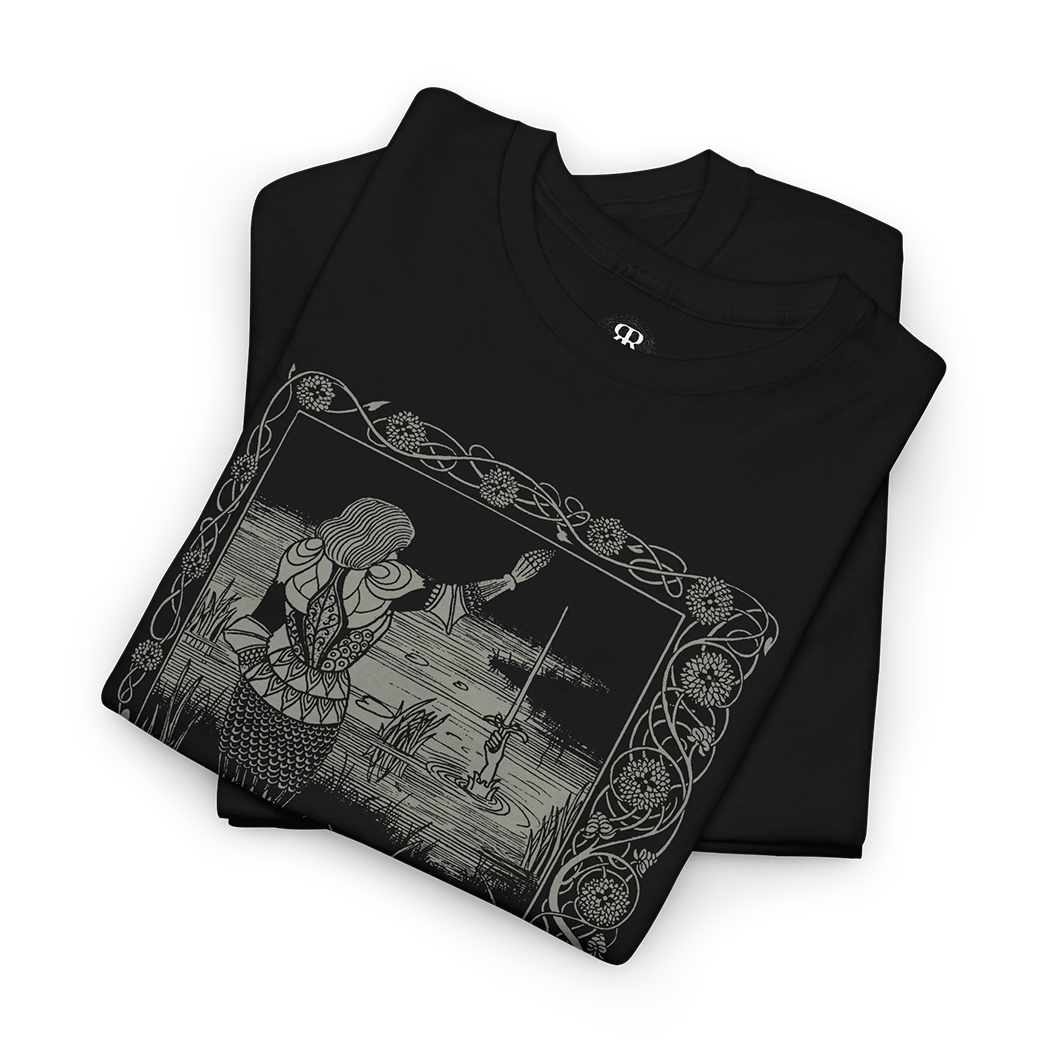 A black t-shirt with a printed illustration featuring King Arthur
