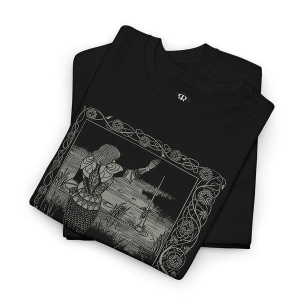 A black t-shirt with a printed illustration featuring King Arthur