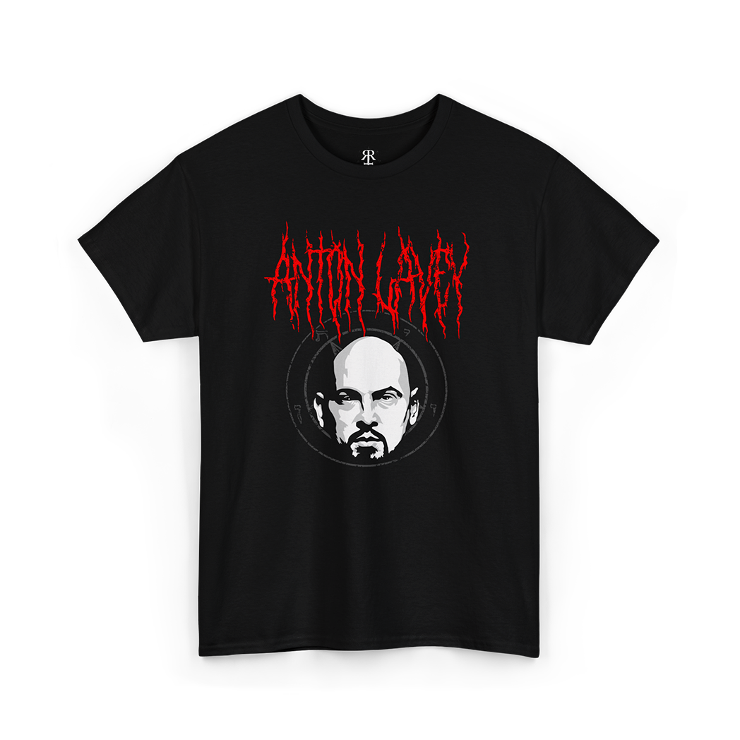 Black metal t-shirt with 'Anton LaVey' text and a portrait illustration in red and white.