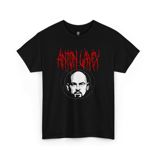 Black metal t-shirt with 'Anton LaVey' text and a portrait illustration in red and white.
