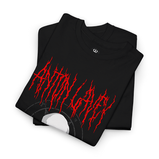 Black metal t-shirt with 'Anton LaVey' text and a portrait illustration in red and white.