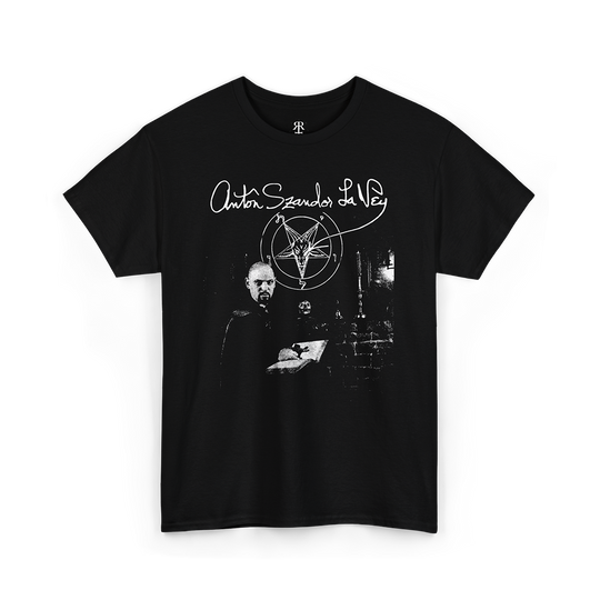 Black Anton Szandor LaVey Signature T-Shirt with text and graphic design featuring a person and occult symbols.