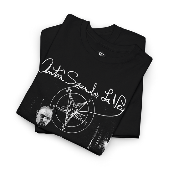 Black Anton Szandor LaVey Signature T-Shirt with text and graphic design featuring a person and occult symbols.