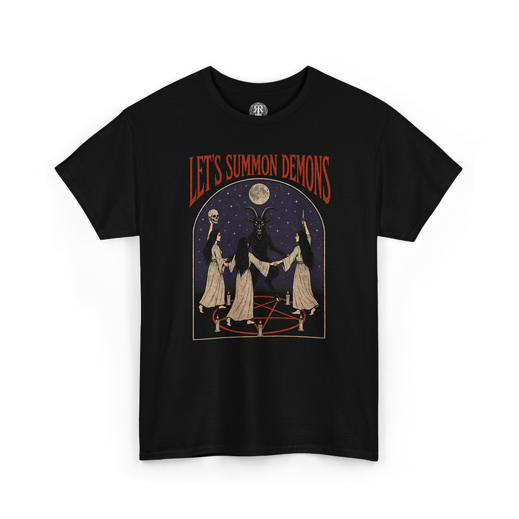 Black t-shirt with 'Let's Summon Demons' graphic design on a white background