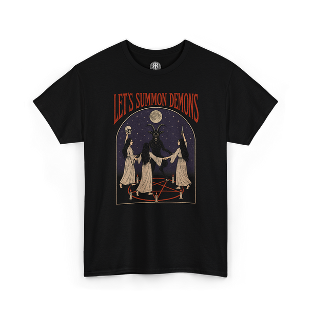 Black t-shirt with 'Let's Summon Demons' graphic design on a white background