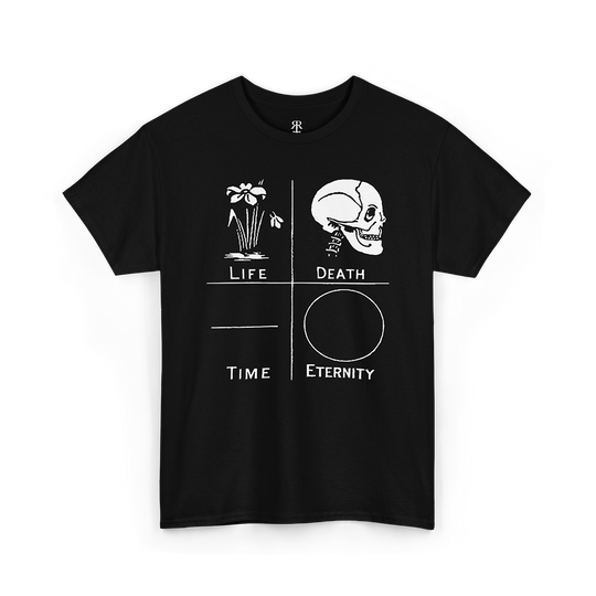 Black crew neck t-shirt with white text and graphic design featuring symbols related to life, death, time, and eternity.