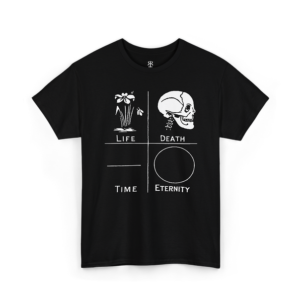 Black crew neck t-shirt with white text and graphic design featuring symbols related to life, death, time, and eternity.
