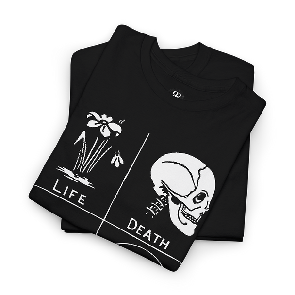 Black crew neck t-shirt with white text and graphic design featuring symbols related to life, death, time, and eternity.