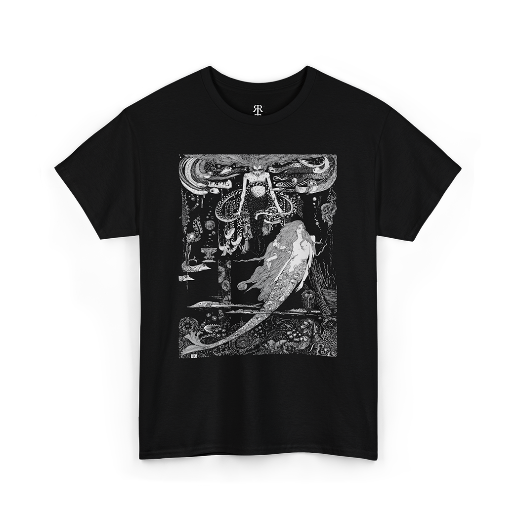 A black t-shirt featuring a detailed illustration of 'The Little Mermaid' and a sea witch, in a vintage art style.
