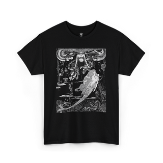 A black t-shirt featuring a detailed illustration of 'The Little Mermaid' and a sea witch, in a vintage art style.