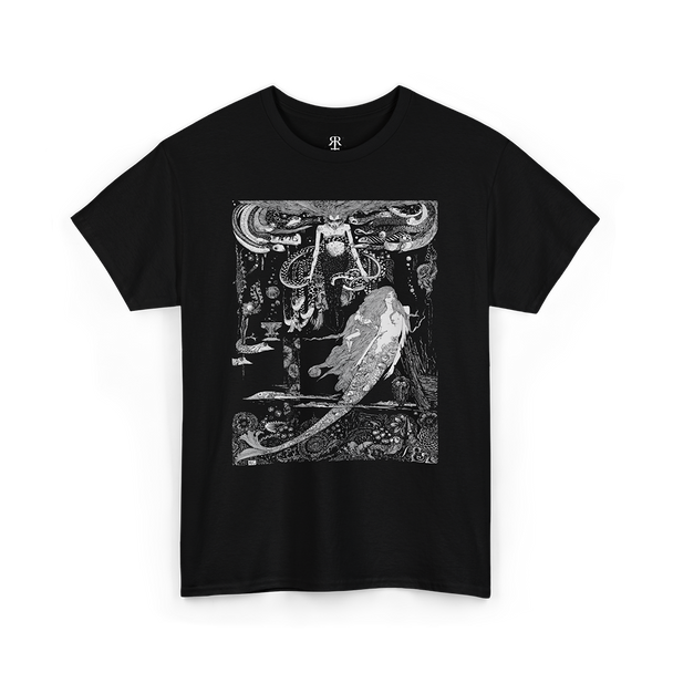 A black t-shirt featuring a detailed illustration of 'The Little Mermaid' and a sea witch, in a vintage art style.
