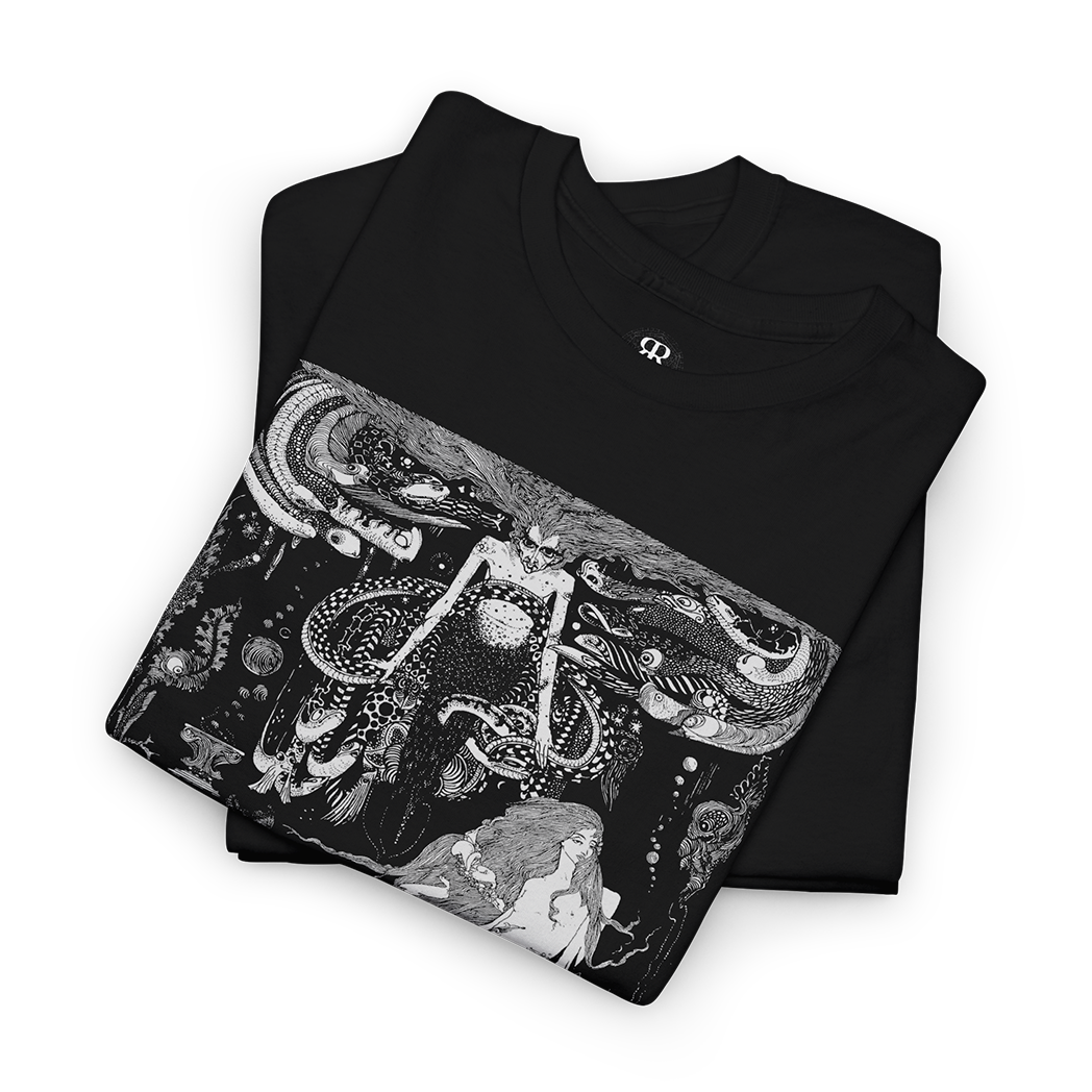 A black t-shirt featuring a detailed illustration of 'The Little Mermaid' and a sea witch, in a vintage art style.