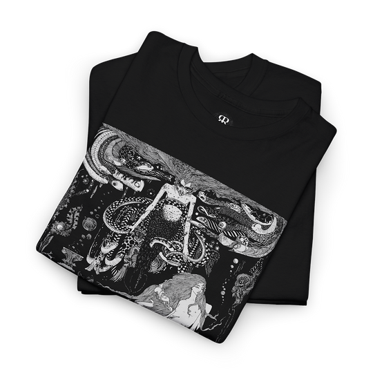 A black t-shirt featuring a detailed illustration of 'The Little Mermaid' and a sea witch, in a vintage art style.
