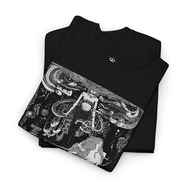 A black t-shirt featuring a detailed illustration of 'The Little Mermaid' and a sea witch, in a vintage art style.