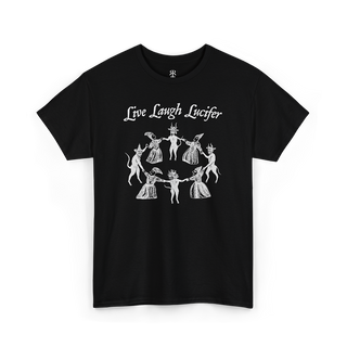Black t-shirt with 'Live Laugh Lucifer' design showing witches sabbath and medieval woodcut of witches dancing with devils