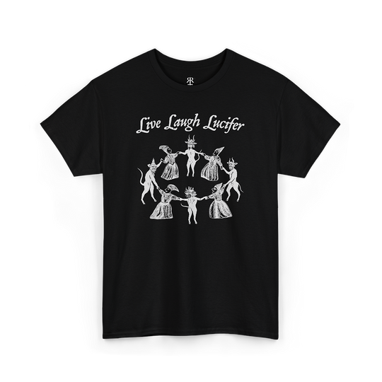 Black t-shirt with 'Live Laugh Lucifer' design showing witches sabbath and medieval woodcut of witches dancing with devils