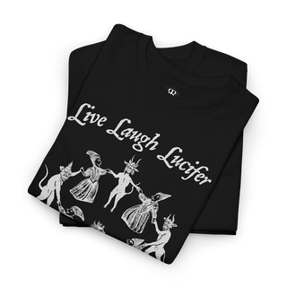Black t-shirt with 'Live Laugh Lucifer' design showing witches sabbath and medieval woodcut of witches dancing with devils