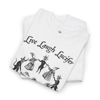 White t-shirt with 'Live Laugh Lucifer' design showing witches sabbath and medieval woodcut of witches dancing with devils