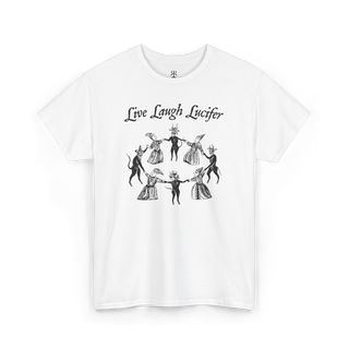 White t-shirt with 'Live Laugh Lucifer' design showing witches sabbath and medieval woodcut of witches dancing with devils