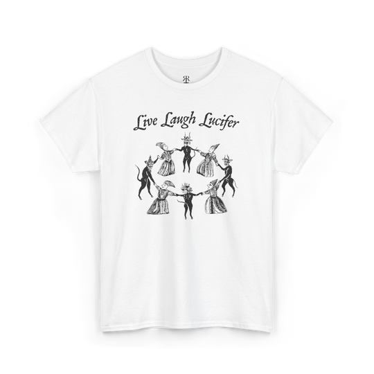 White t-shirt with 'Live Laugh Lucifer' design showing witches sabbath and medieval woodcut of witches dancing with devils
