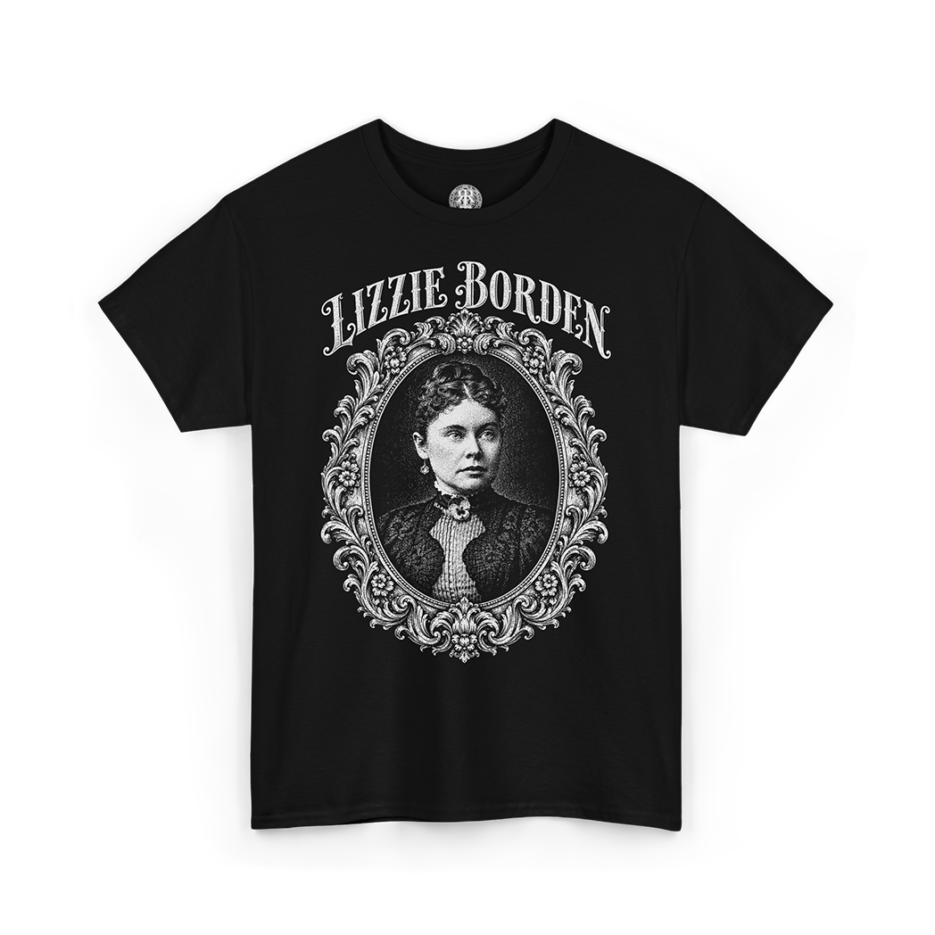 A black short-sleeve crewneck t-shirt featuring a vintage-style graphic print of Lizzie Borden inside an ornate oval frame, with 'LIZZIE BORDEN' written above in a distressed serif font.