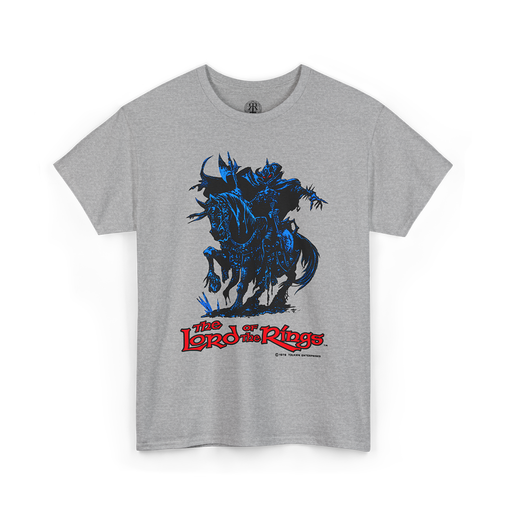 A heather gray short-sleeve t-shirt featuring a graphic print of a dark blue skeletal knight on a horse from The Lord of the Rings, with the red and black logo text below.