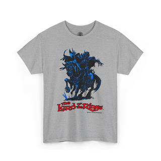 A heather gray short-sleeve t-shirt featuring a graphic print of a dark blue skeletal knight on a horse from The Lord of the Rings, with the red and black logo text below.