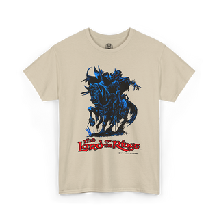 A beige short-sleeve t-shirt featuring a graphic print of the character Morghulis on a dark blue horse, with 'The Lord of the Rings' logo printed in red below, displayed against a solid white background.