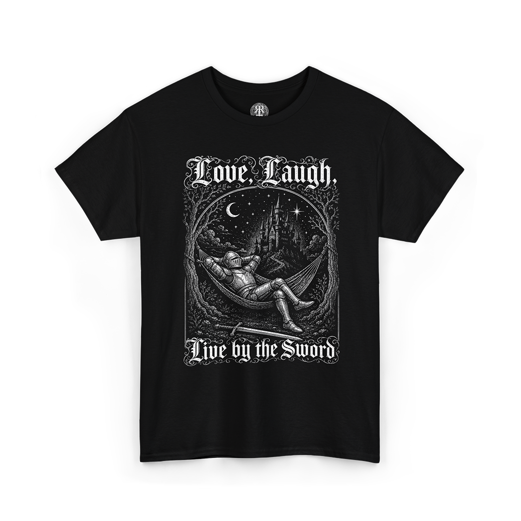 Black Love, Laugh, Live by the Sword T-Shirt showing a medieval knight resting an a hammock