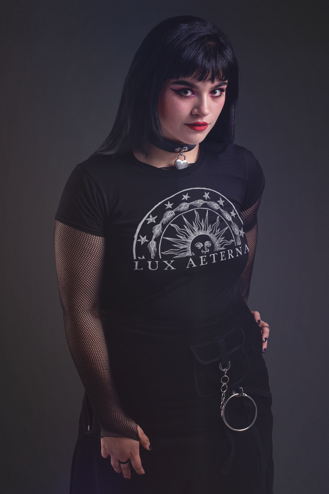 Woman wearing black Lux Aeterna T-Shirt