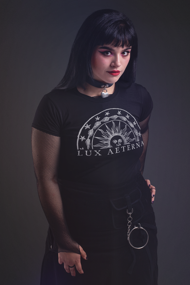 Woman wearing black Lux Aeterna T-Shirt