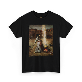 A black T-shirt featuring a printed image of a witchcraft scene with a woman, a cauldron, and a staff.