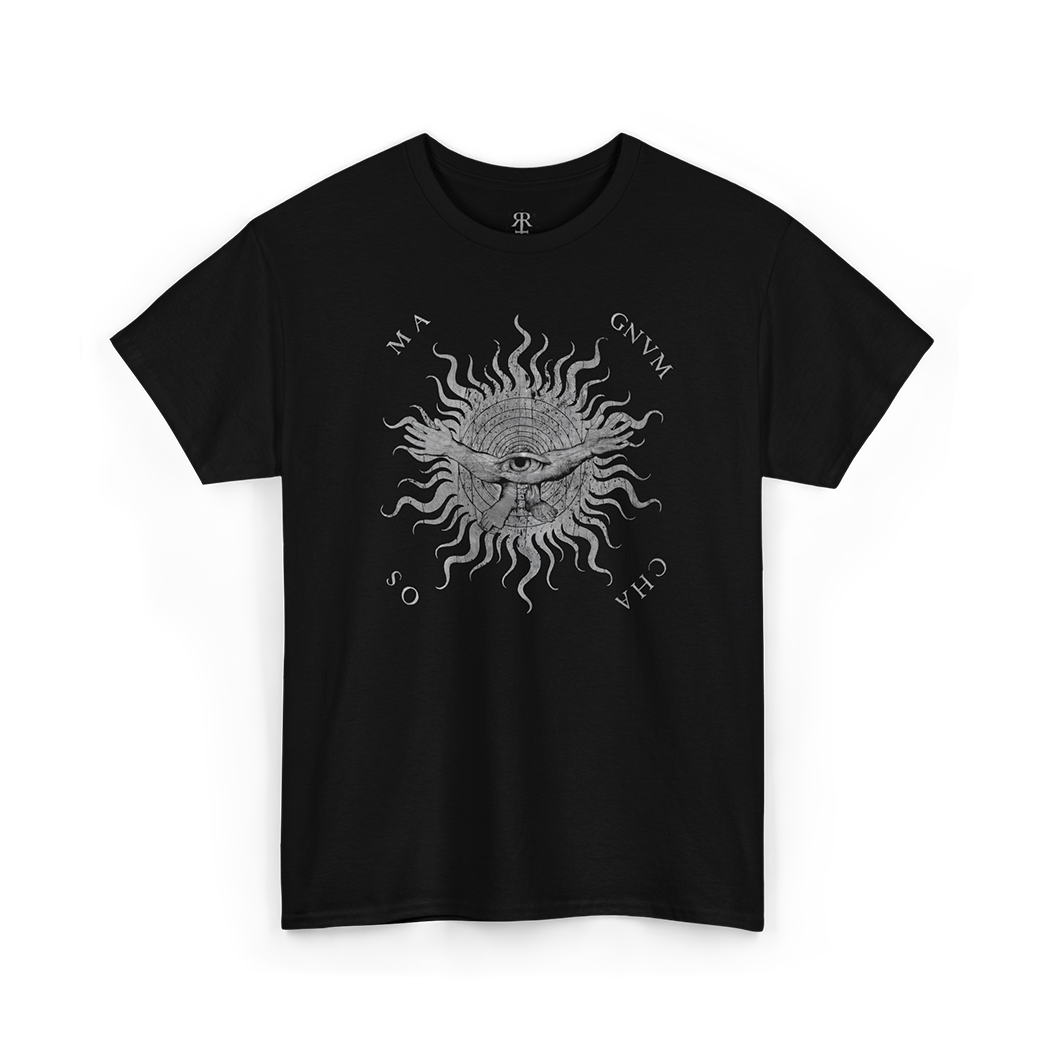 Black t-short saying 'MAGNUM CHAOS' showing symbolic vision of the primordial void, black and white print.