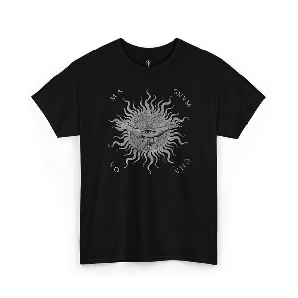 Black t-short saying 'MAGNUM CHAOS' showing symbolic vision of the primordial void, black and white print.