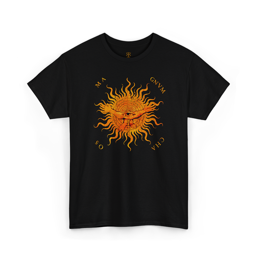 Black t-short saying 'MAGNUM CHAOS' showing symbolic vision of the primordial void, color print.