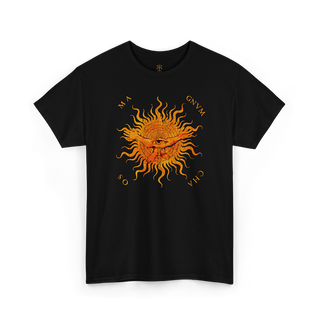 Black t-short saying 'MAGNUM CHAOS' showing symbolic vision of the primordial void, color print.