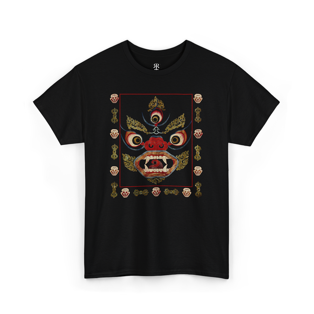 Black T-shirt with a graphic print of a Hindu goddess Kali in a fierce pose with a red and gold colored backdrop.