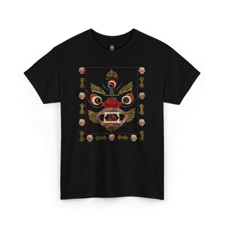 Black T-shirt with a graphic print of a Hindu goddess Kali in a fierce pose with a red and gold colored backdrop.