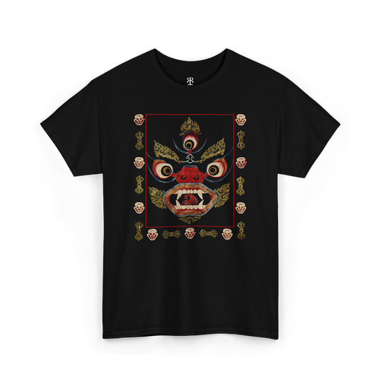 Black T-shirt with a graphic print of a Hindu goddess Kali in a fierce pose with a red and gold colored backdrop.
