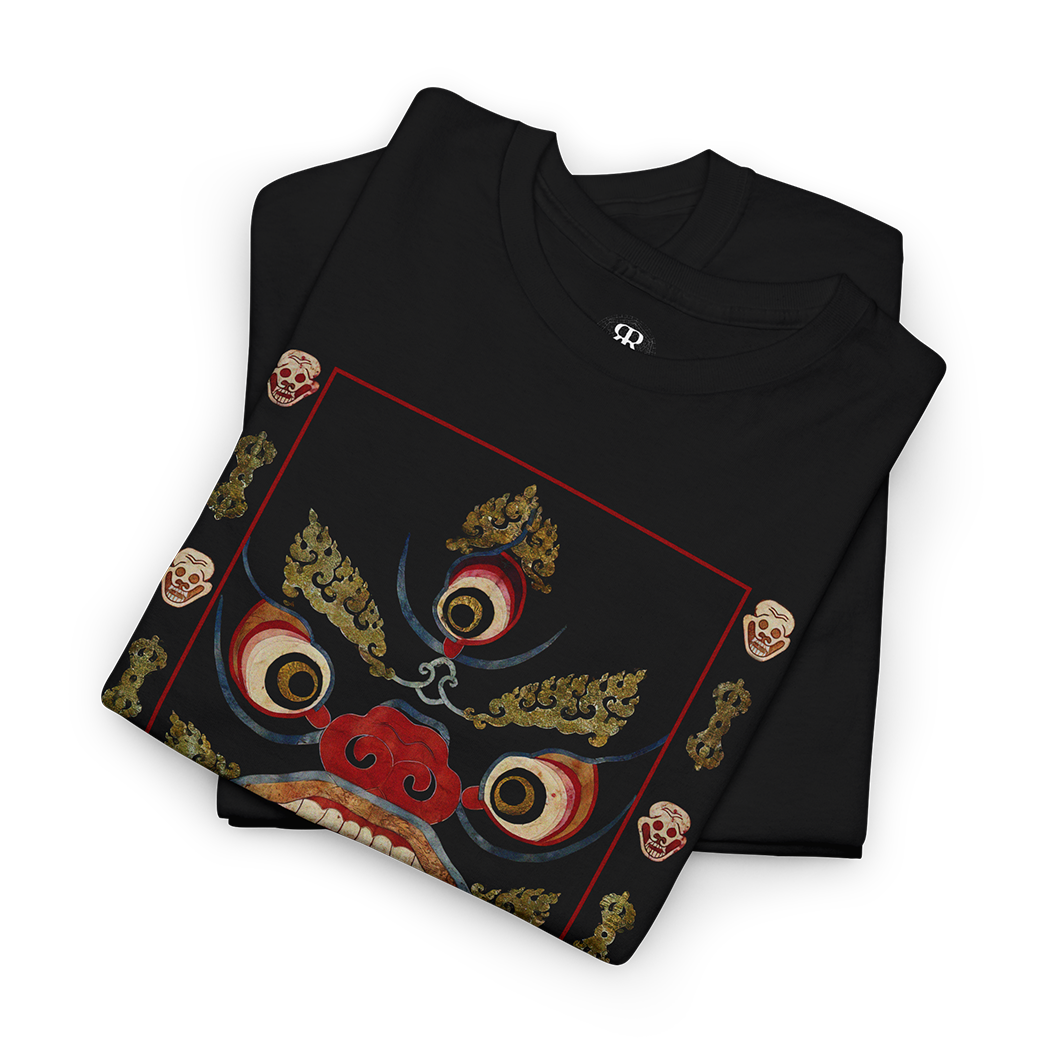 Black T-shirt with a graphic print of a Hindu goddess Kali in a fierce pose with a red and gold colored backdrop.