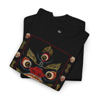 Black T-shirt with a graphic print of a Hindu goddess Kali in a fierce pose with a red and gold colored backdrop.