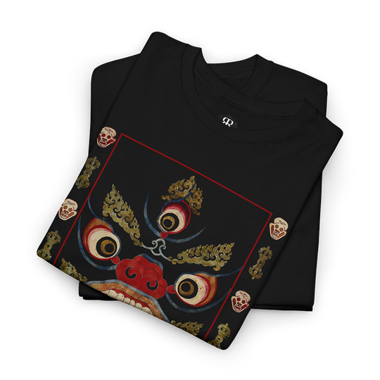 Black T-shirt with a graphic print of a Hindu goddess Kali in a fierce pose with a red and gold colored backdrop.