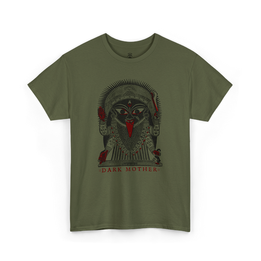 Olive green t-shirt featuring a design of the Hindu goddess Kali wearing a garland of human skulls and holding a sword, with the text 'DARK MOTHER' below.