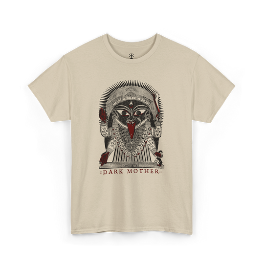 Beige t-shirt featuring a design of the Hindu goddess Kali wearing a garland of human skulls and holding a sword, with the text 'DARK MOTHER' below.