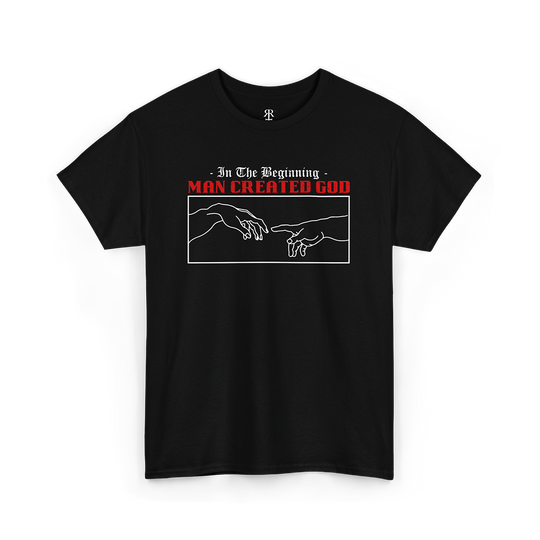 Black crew neck t-shirt with text 'In The Beginning MAN CREATED GOD' and a graphic of two hands reaching towards each other.