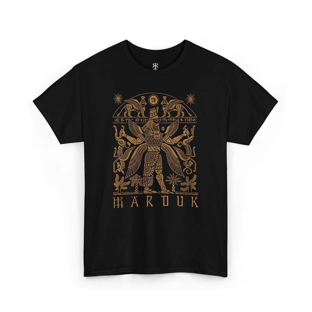 A black T-shirt with a gold-colored illustration of Marduk, the Babylonian god, and his symbols on the front.