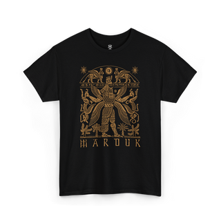 A black T-shirt with a gold-colored illustration of Marduk, the Babylonian god, and his symbols on the front.