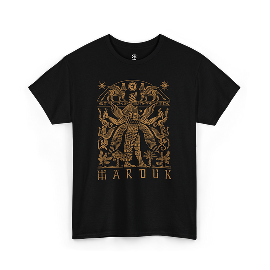 A black T-shirt with a gold-colored illustration of Marduk, the Babylonian god, and his symbols on the front.