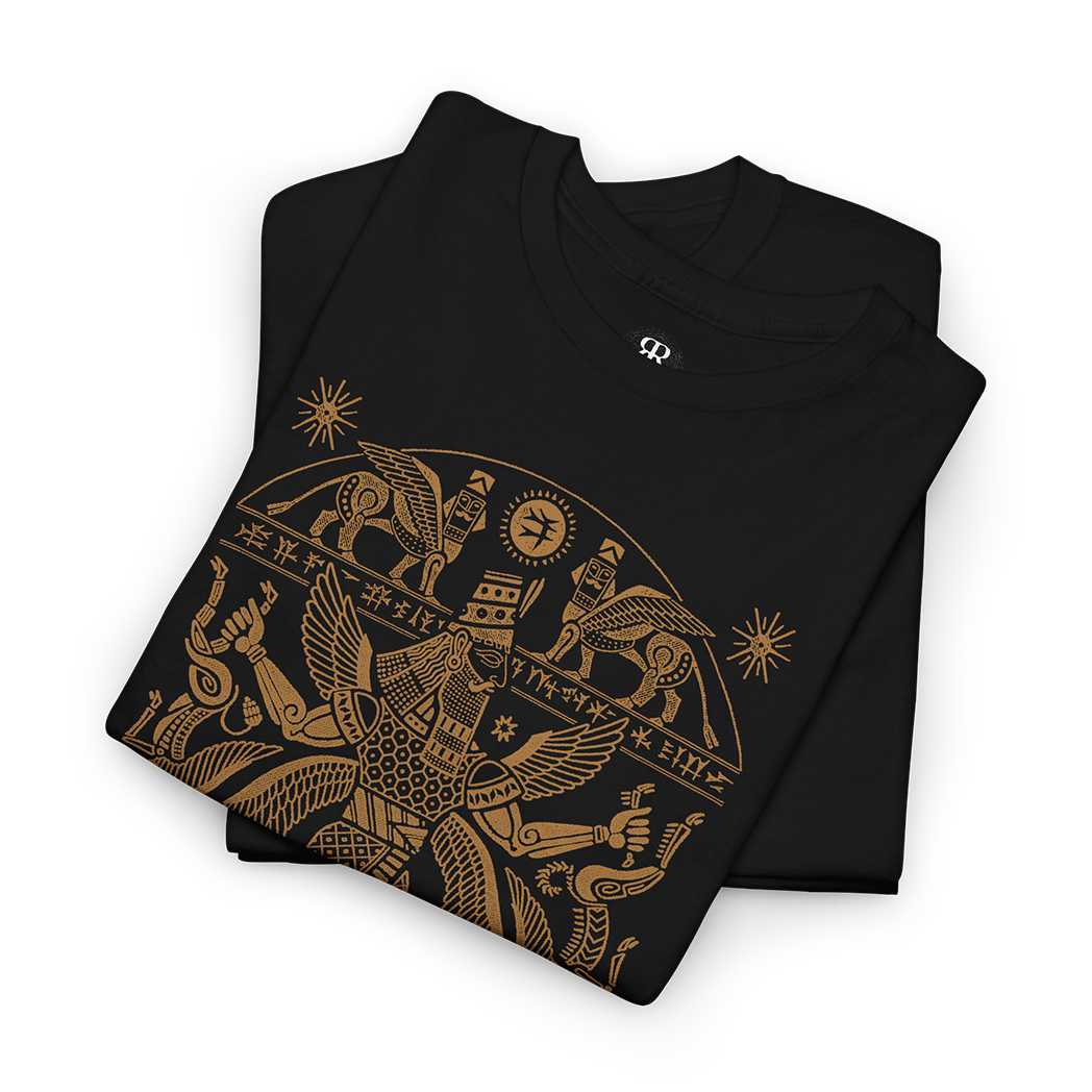A black T-shirt with a gold-colored illustration of Marduk, the Babylonian god, and his symbols on the front.