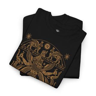 A black T-shirt with a gold-colored illustration of Marduk, the Babylonian god, and his symbols on the front.